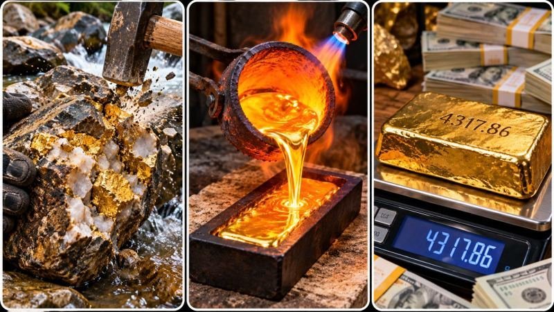 HIDDEN GOLD DISCOVERY → EXTRACTION → MELTING → GOLD BAR PAYOFF ENGINE